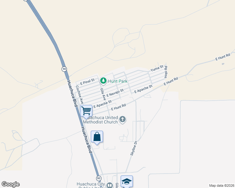 map of restaurants, bars, coffee shops, grocery stores, and more near 214a East Navajo Street in Huachuca City