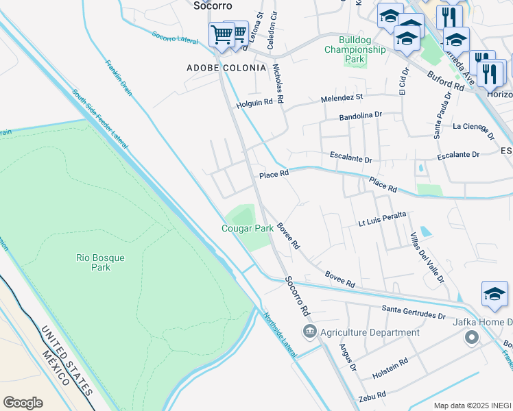 map of restaurants, bars, coffee shops, grocery stores, and more near 10548 Socorro Road in Socorro