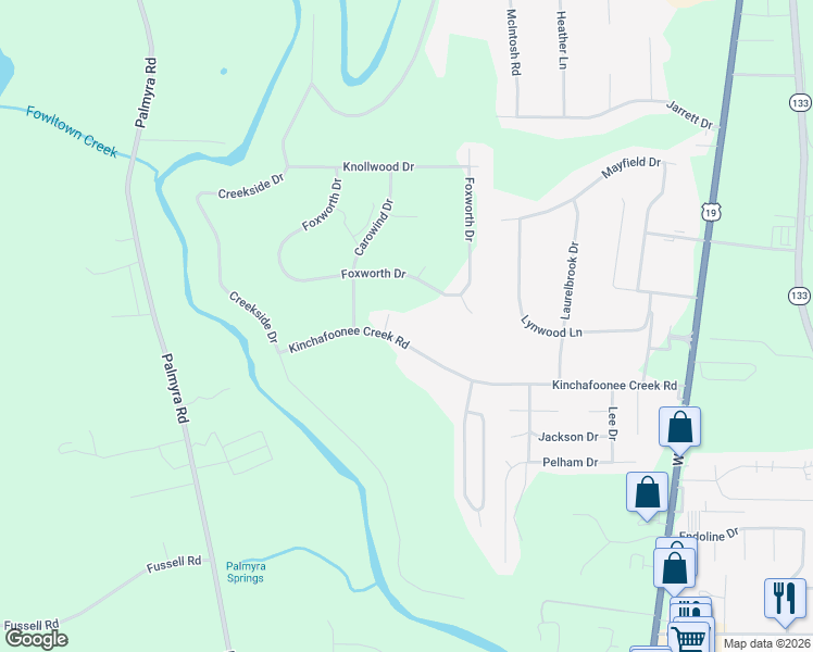 map of restaurants, bars, coffee shops, grocery stores, and more near 244 Kinchafoonee Creek Road in Leesburg