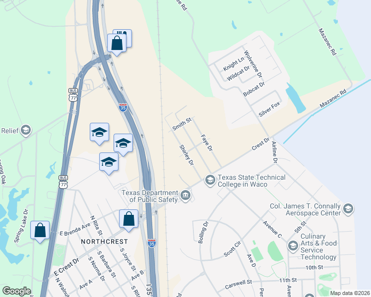 map of restaurants, bars, coffee shops, grocery stores, and more near 210 Shirley Drive in Waco