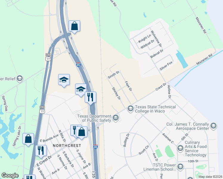 map of restaurants, bars, coffee shops, grocery stores, and more near 210 Shirley Drive in Waco