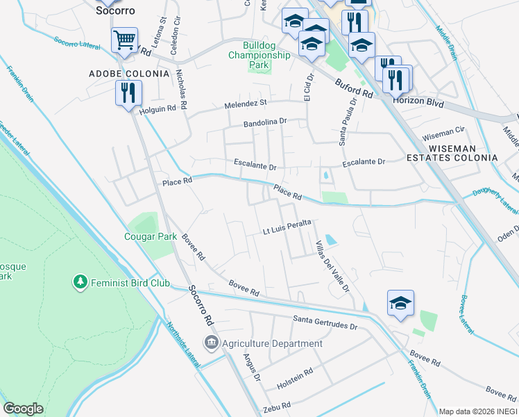 map of restaurants, bars, coffee shops, grocery stores, and more near 816 Villas del Sol Road in Socorro