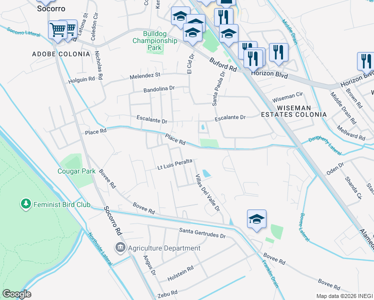 map of restaurants, bars, coffee shops, grocery stores, and more near 225 Lt Luis Peralta in Socorro