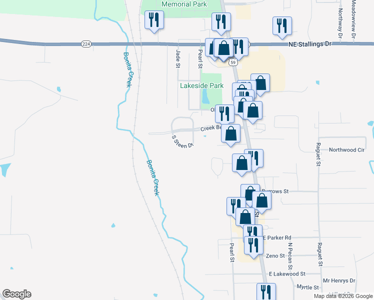 map of restaurants, bars, coffee shops, grocery stores, and more near 427 South Steen Drive in Nacogdoches