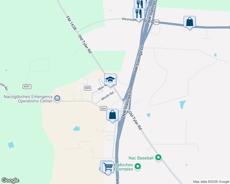 map of restaurants, bars, coffee shops, grocery stores, and more near 4002 North Street in Nacogdoches