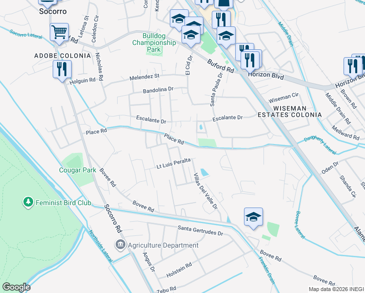 map of restaurants, bars, coffee shops, grocery stores, and more near 225 Lt Luis Peralta in Socorro