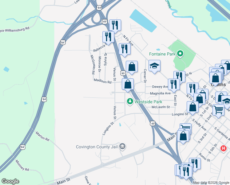 map of restaurants, bars, coffee shops, grocery stores, and more near Venus Street in Collins