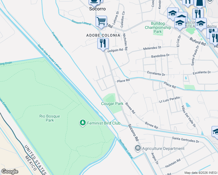 map of restaurants, bars, coffee shops, grocery stores, and more near 612 Raymundo Road in Socorro