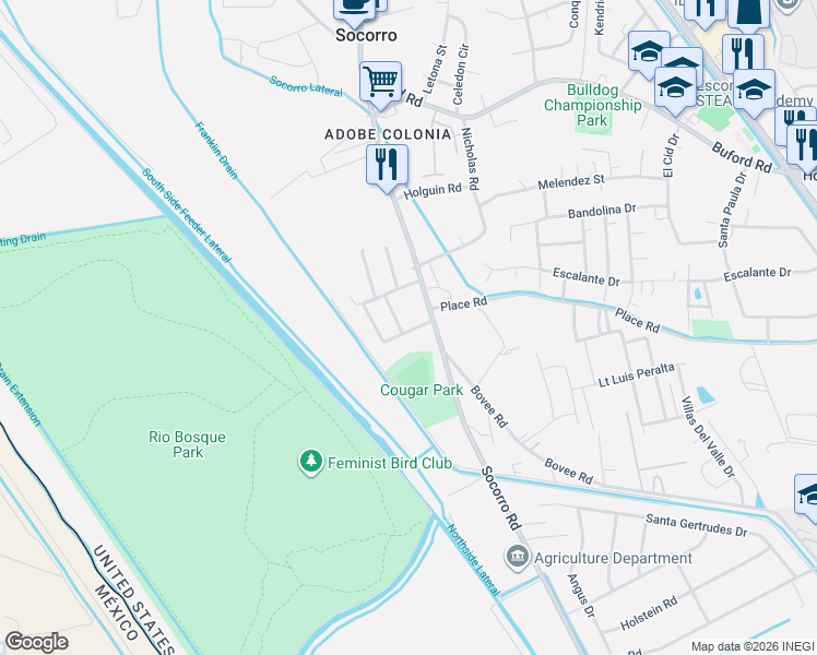 map of restaurants, bars, coffee shops, grocery stores, and more near 612 Raymundo Road in Socorro
