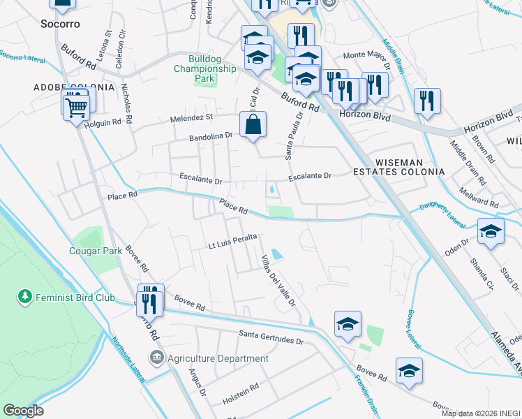 map of restaurants, bars, coffee shops, grocery stores, and more near 10490 Ellen Sue Street in Socorro