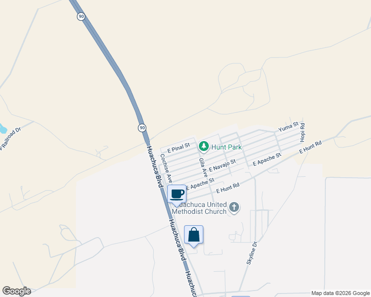map of restaurants, bars, coffee shops, grocery stores, and more near 118 East Pinal Street in Huachuca City