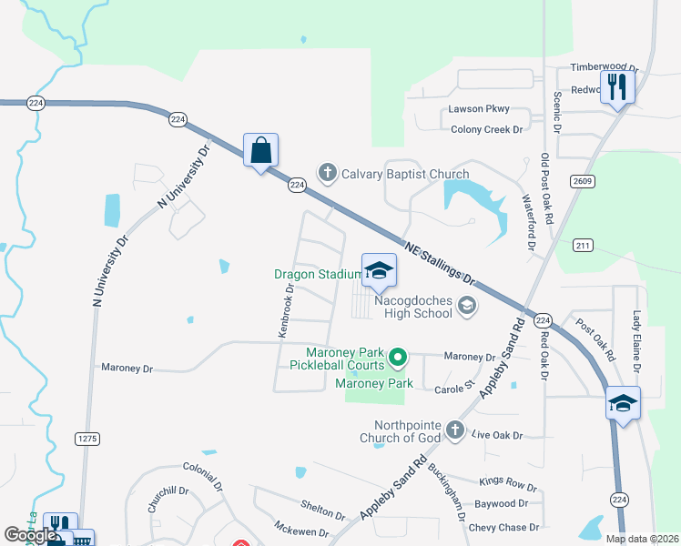 map of restaurants, bars, coffee shops, grocery stores, and more near 4518 Ridgebrook Drive in Nacogdoches