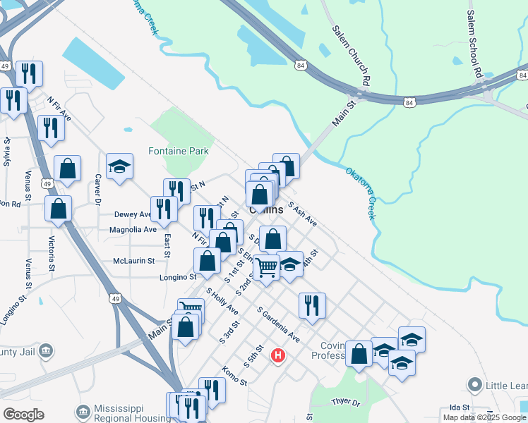 map of restaurants, bars, coffee shops, grocery stores, and more near 204 Main Street in Collins