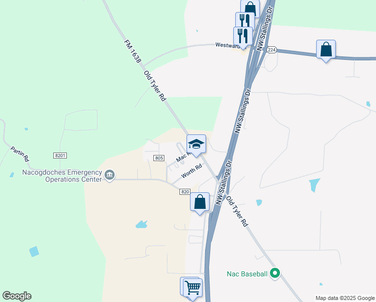 map of restaurants, bars, coffee shops, grocery stores, and more near 285 Circle Park Drive in Nacogdoches