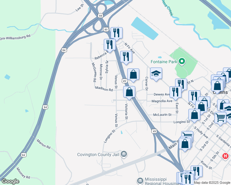 map of restaurants, bars, coffee shops, grocery stores, and more near 500-512 Madison Road in Collins