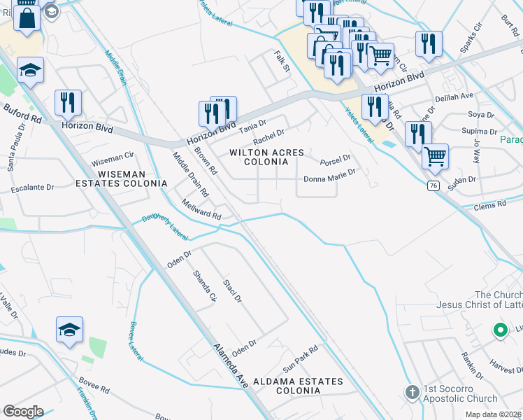 map of restaurants, bars, coffee shops, grocery stores, and more near 366 Brown Road in Socorro