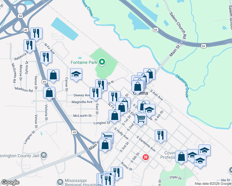 map of restaurants, bars, coffee shops, grocery stores, and more near 203 North Dogwood Avenue in Collins