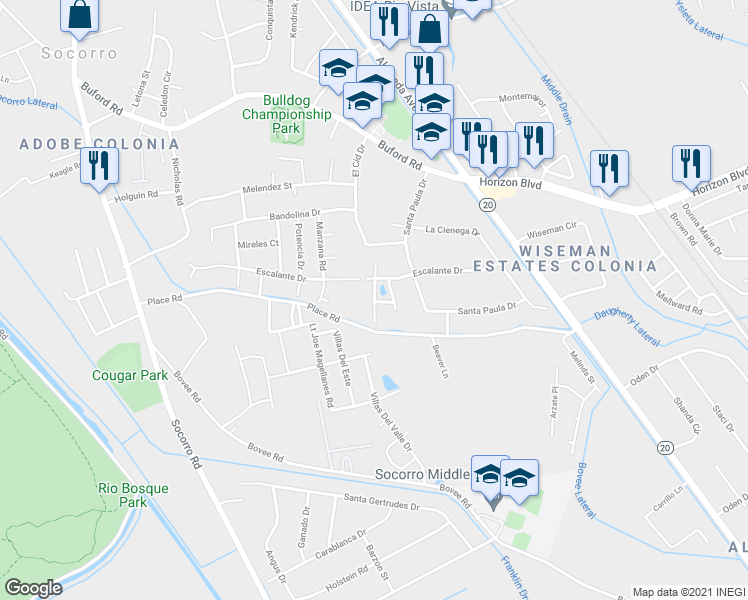 map of restaurants, bars, coffee shops, grocery stores, and more near 10490 Ellen Sue Street in Socorro