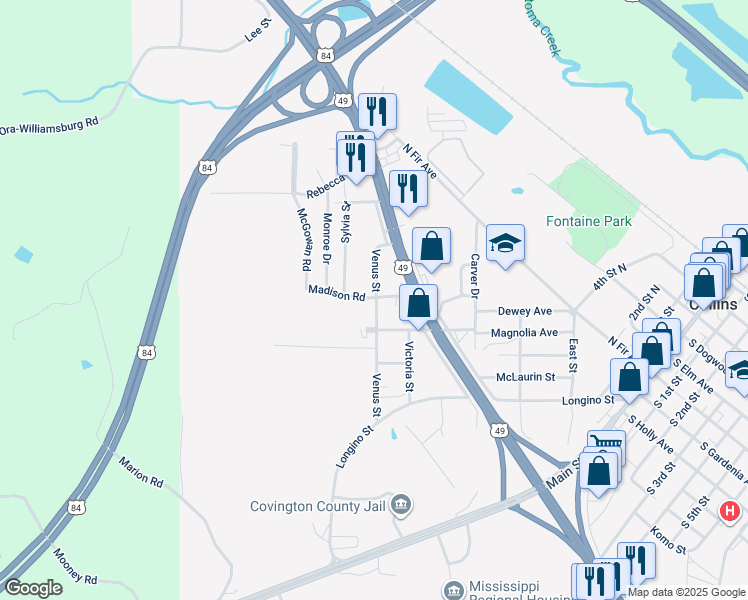map of restaurants, bars, coffee shops, grocery stores, and more near 500-512 Madison Road in Collins