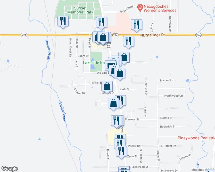 map of restaurants, bars, coffee shops, grocery stores, and more near 129 Creek Bend Boulevard in Nacogdoches