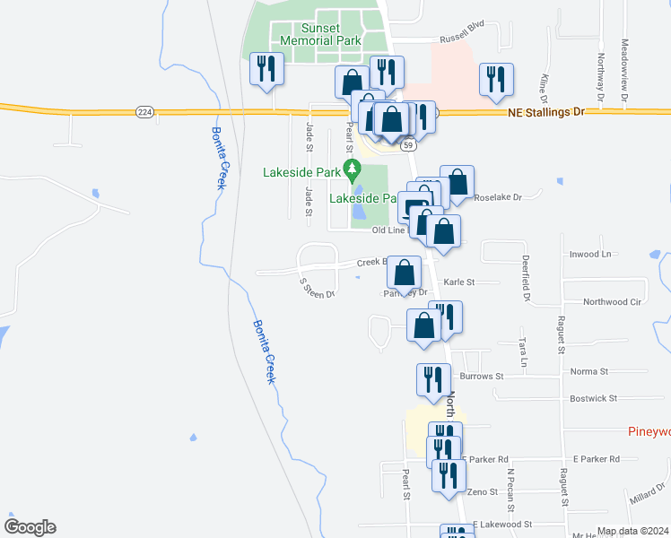 map of restaurants, bars, coffee shops, grocery stores, and more near 129 Creek Bend Boulevard in Nacogdoches