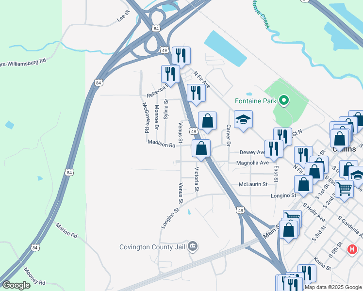 map of restaurants, bars, coffee shops, grocery stores, and more near 500 Madison Road in Collins