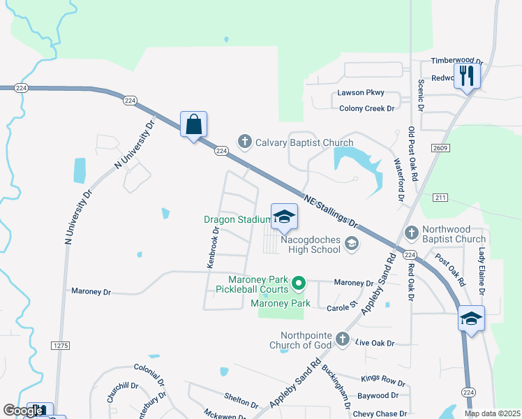 map of restaurants, bars, coffee shops, grocery stores, and more near 4518 Ridgebrook Drive in Nacogdoches