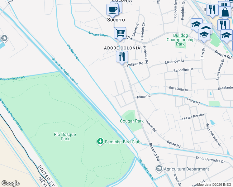 map of restaurants, bars, coffee shops, grocery stores, and more near 10438 Carter Scott Place in Socorro
