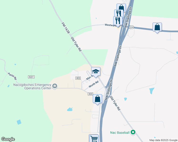 map of restaurants, bars, coffee shops, grocery stores, and more near 285 Circle Park Drive in Nacogdoches