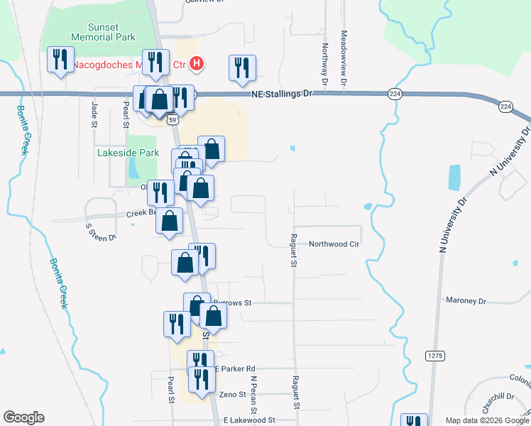 map of restaurants, bars, coffee shops, grocery stores, and more near 405 Deerfield Drive in Nacogdoches
