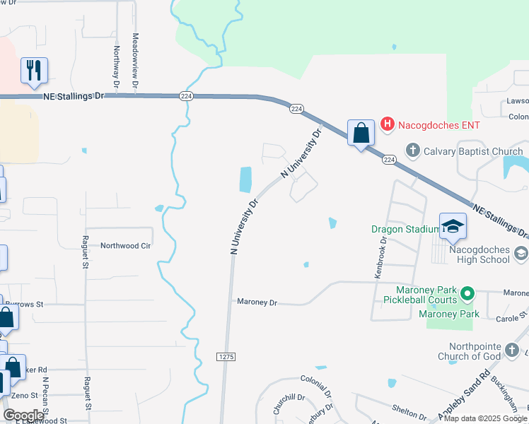 map of restaurants, bars, coffee shops, grocery stores, and more near 4502 North University Drive in Nacogdoches