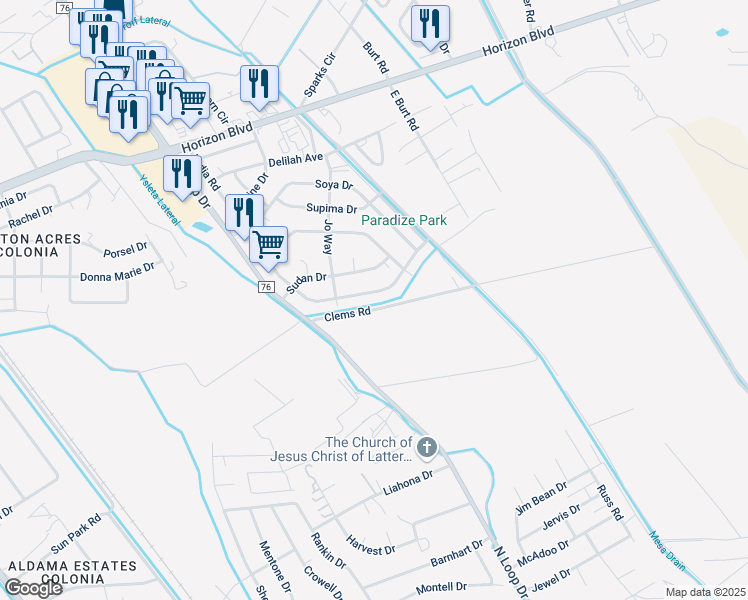 map of restaurants, bars, coffee shops, grocery stores, and more near 10958 Lydia Road in Socorro