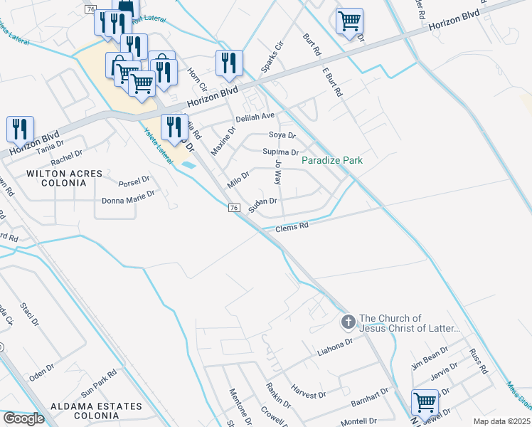 map of restaurants, bars, coffee shops, grocery stores, and more near 10931 Lydia Road in Socorro