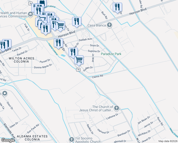 map of restaurants, bars, coffee shops, grocery stores, and more near 10931 Lydia Road in Socorro