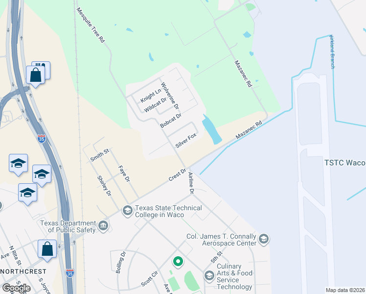 map of restaurants, bars, coffee shops, grocery stores, and more near 106 Silver Fox in Waco
