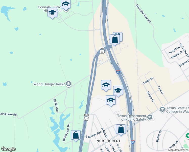 map of restaurants, bars, coffee shops, grocery stores, and more near 1109 New Dallas Highway in Waco