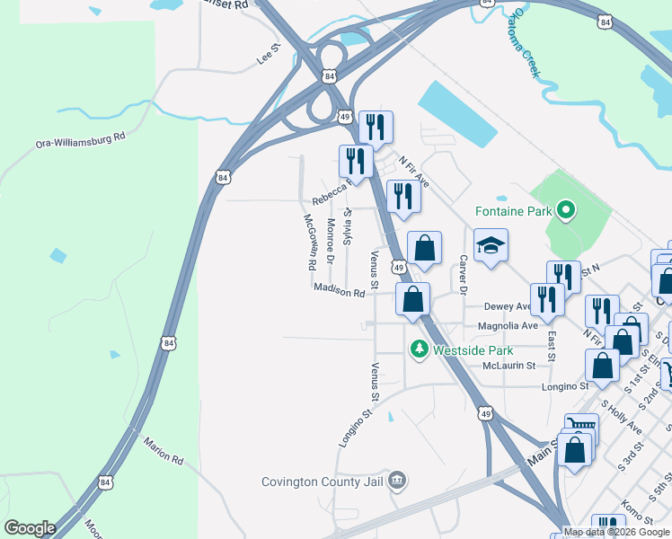 map of restaurants, bars, coffee shops, grocery stores, and more near 100-102 Sylvia Street in Collins