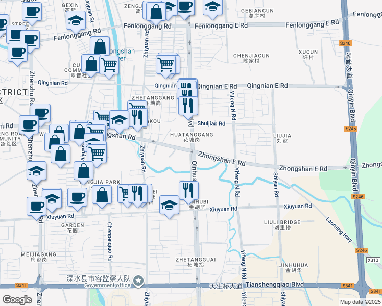 map of restaurants, bars, coffee shops, grocery stores, and more near Zhongshan East Road in Nanjing