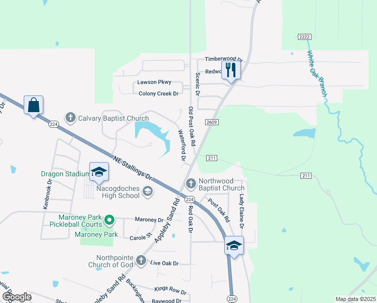 map of restaurants, bars, coffee shops, grocery stores, and more near 29 Waterford Drive in Nacogdoches