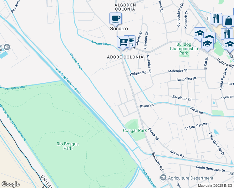 map of restaurants, bars, coffee shops, grocery stores, and more near 10406 Carter Scott Place in Socorro
