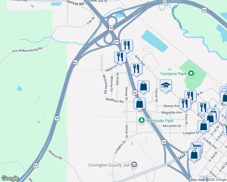 map of restaurants, bars, coffee shops, grocery stores, and more near 100-102 Sylvia Street in Collins