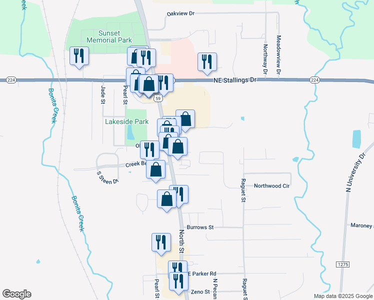 map of restaurants, bars, coffee shops, grocery stores, and more near 137 Dallas Street in Nacogdoches