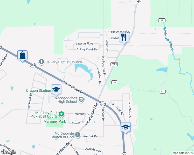 map of restaurants, bars, coffee shops, grocery stores, and more near 35 Waterford Drive in Nacogdoches
