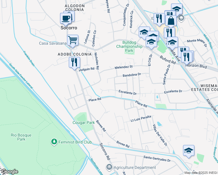 map of restaurants, bars, coffee shops, grocery stores, and more near 437 Escalante Drive in Socorro