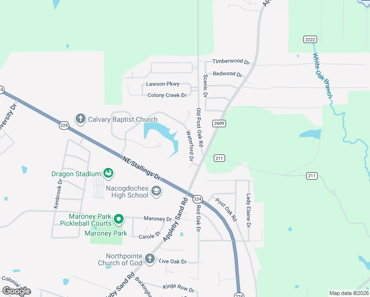 map of restaurants, bars, coffee shops, grocery stores, and more near 35 Waterford Drive in Nacogdoches