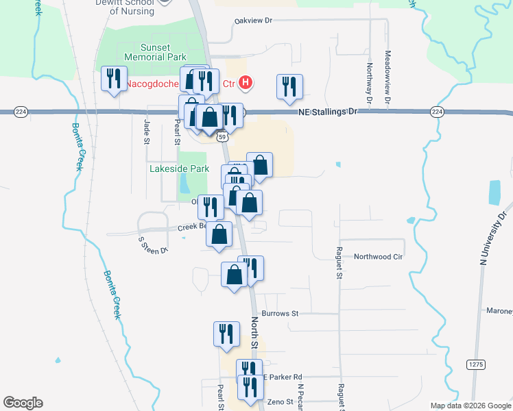 map of restaurants, bars, coffee shops, grocery stores, and more near 137 Dallas Street in Nacogdoches