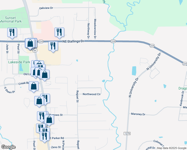 map of restaurants, bars, coffee shops, grocery stores, and more near 4414 White Oak Street in Nacogdoches