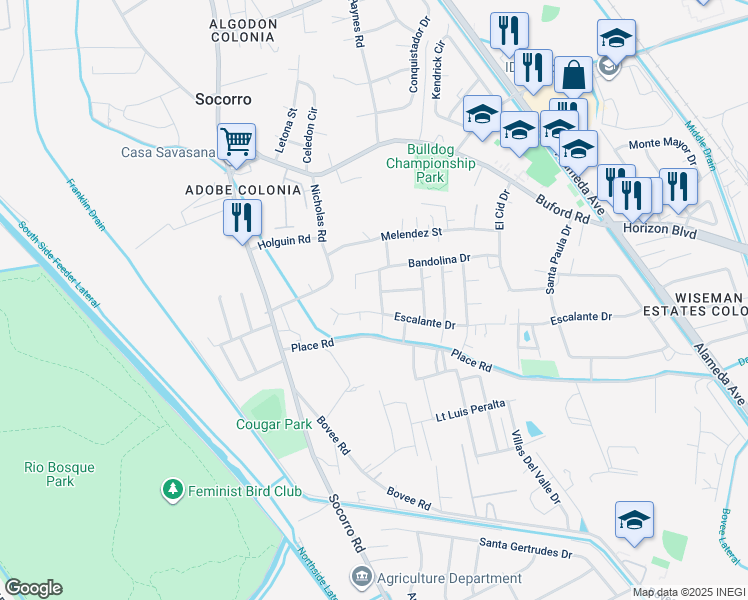 map of restaurants, bars, coffee shops, grocery stores, and more near 437 Escalante Drive in Socorro