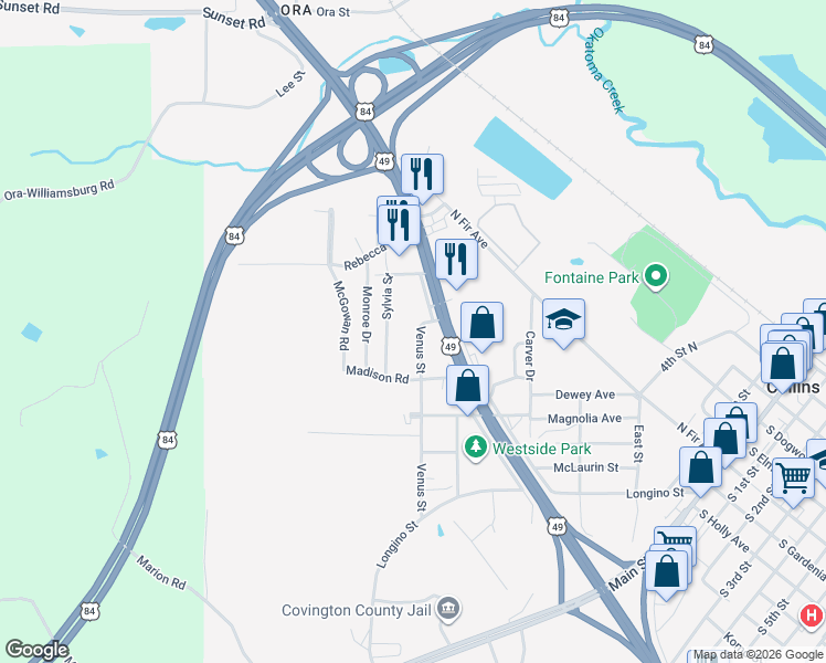 map of restaurants, bars, coffee shops, grocery stores, and more near Venus Street in Collins