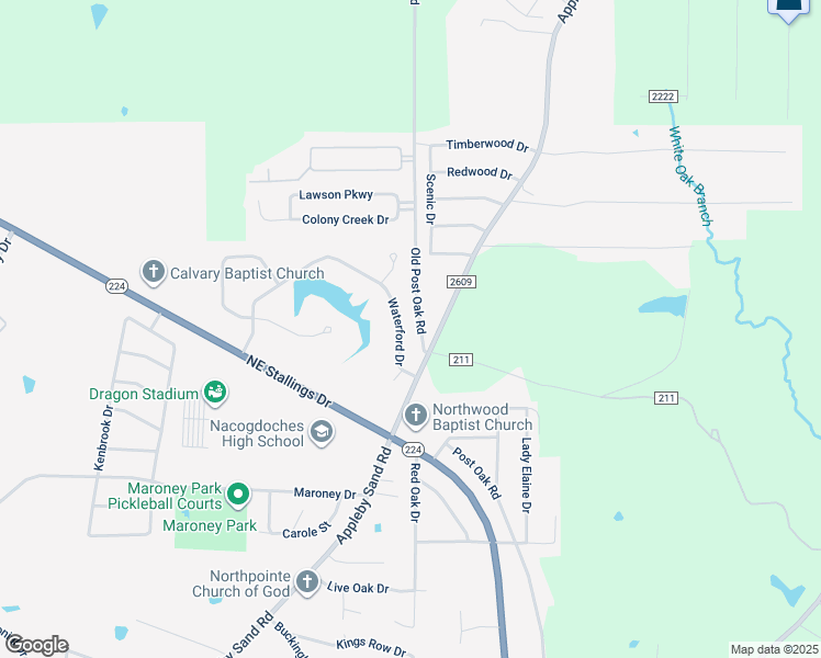 map of restaurants, bars, coffee shops, grocery stores, and more near 29 Waterford Drive in Nacogdoches